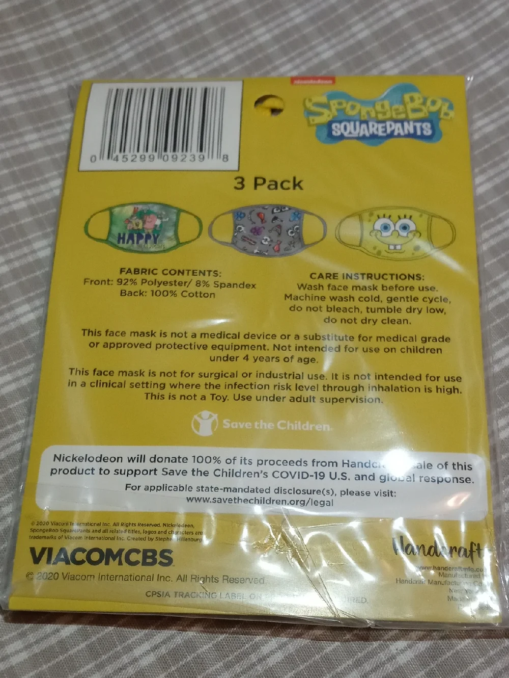 SpongeBob SquarePants Yellow Packaged Adult Face Masks ( Men/Women)
